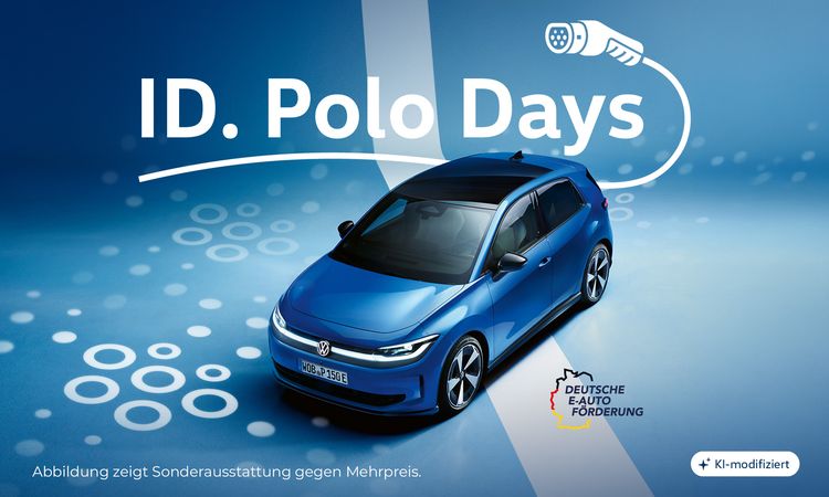 Ein blauer ID. Polo steht in einem blauen unrealisitischen Hintergrund/Raum, darüber steht der Schriftzug ID. Polo Days.