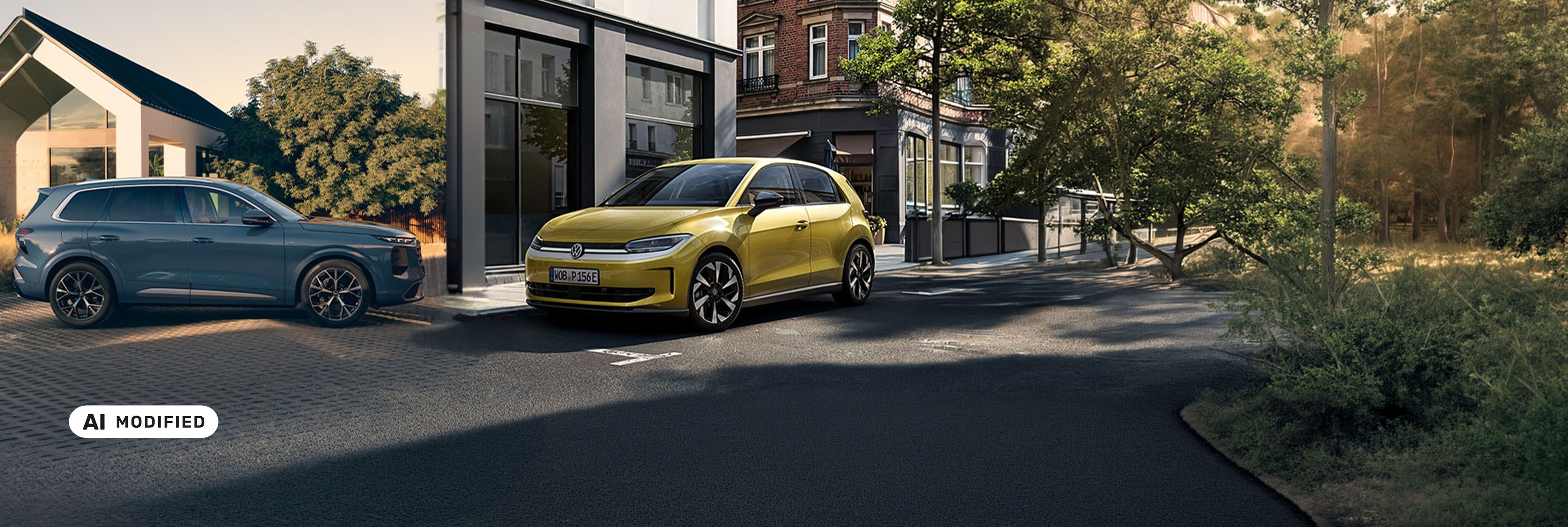 Ein Audi Q7 und ein Volkswagen ID. Polo vor modernen Wohn- und Geschäftsgebäuden an einer Straße mit Bäumen und Grünflächen.
