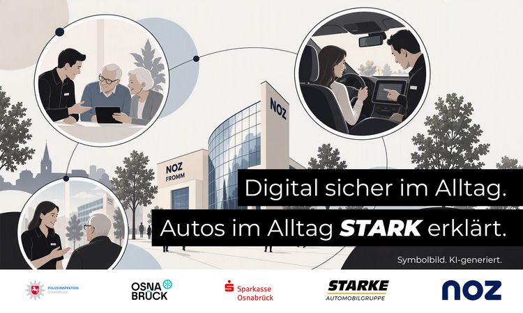 Illustrative Darstellung des NOZ-Medienzentrums in Osnabrück mit drei kreisförmigen Szenen rund um digitale Mobilität: Beratung eines älteren Paares an einem Tablet, Erklärung digitaler Funktionen im Cockpit eines Autos sowie ein persönliches Beratungsgespräch vor dem NOZ-Gebäude. Im Bild steht: „Digital sicher im Alltag. Autos im Alltag STARK erklärt.“ sowie „Symbolbild. KI-generiert.“ Am unteren Bildrand befinden sich die Logos der Polizeiinspektion Osnabrück, Stadt Osnabrück, Sparkasse Osnabrück, STARKE Automobilgruppe und NOZ.
