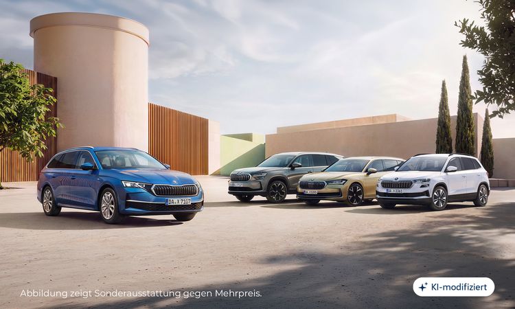 Ein Skoda Octavia, ein Kodiaq, Superb, Karoq stehen auf einem modernen Platz.