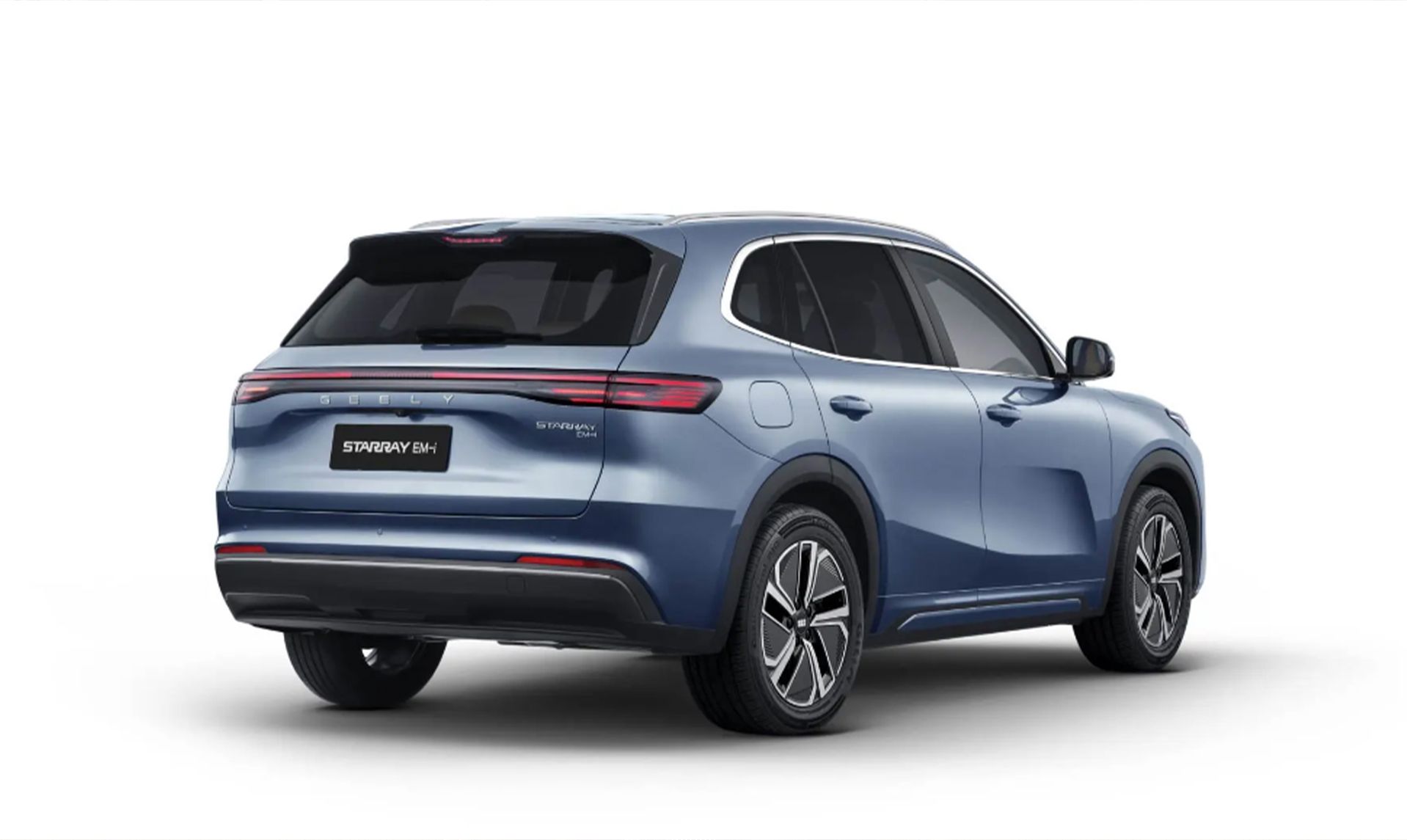 Heckansicht des Plug-in-Hybrid-SUV Geely Starray EM-i mit durchgehendem LED-Heckleuchtenband, GEELY-Schriftzug über der Heckklappe, Modellkennzeichen STARRAY EM-i und zweifarbigen Aero-Leichtmetallfelgen.