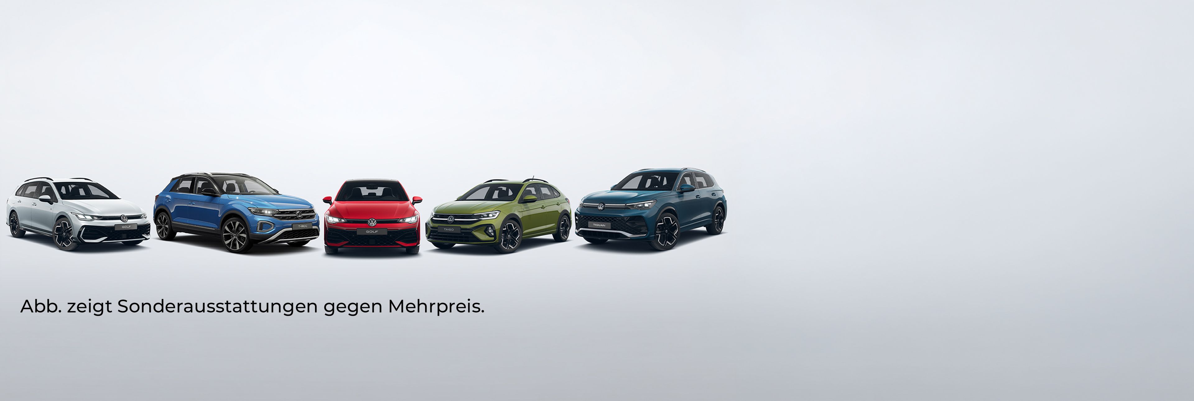 Übersicht verschiedener Volkswagen Modelle vor hellem Hintergrund, darunter Golf, Golf Variant, T-Roc, Taigo und Tiguan.