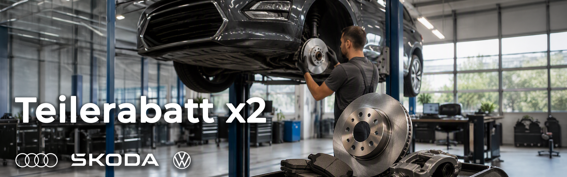 Eine Werkstatt in der ein Fahrzeug auf der Hebebühne steht und ein Mechatroniker daran arbeitet. IM VOrdergrund steht "Teilerabatt x2" und die Logos von Audi, VW und Skoda. 