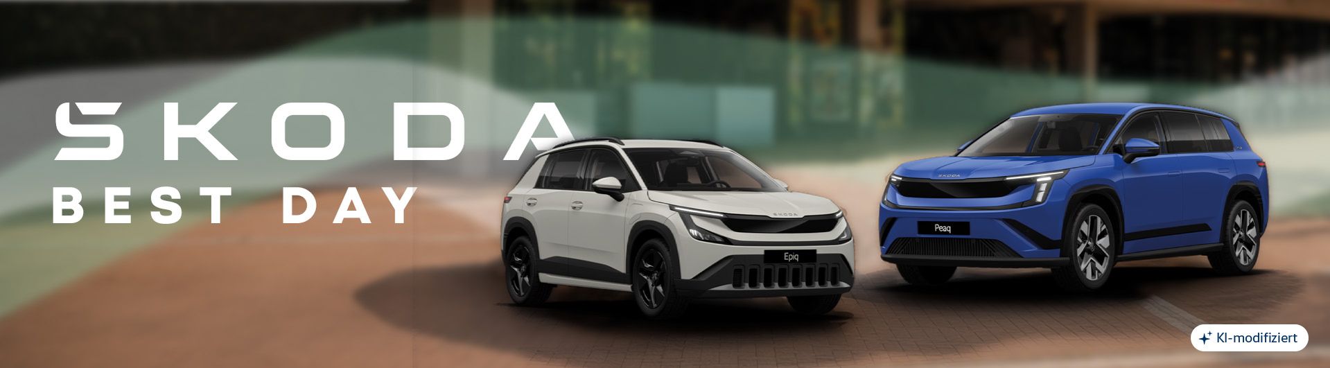 Im Hintergrund ist unscharf der Zoo Osnabrück, im Vordergrund steht links ein weißer Skoda Epic und rechts ein blauer Skoda Peaq. Im Hintergrund sind weiße und hellgrüne halbdurhcsichtige Streifen. Daneben ist das Skoda Logo und darunter steht "Best Day". 