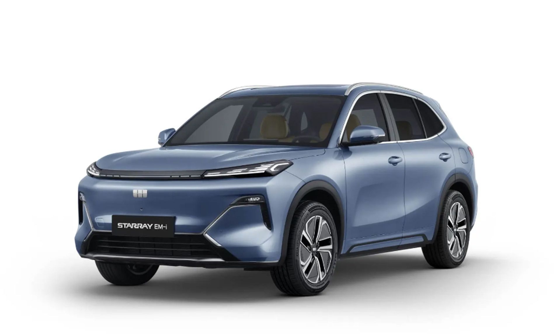Frontansicht des Geely Starray EM-i in Hellblau mit LED-Tagfahrlichtband und Modellkennzeichen STARRAY EM-i.