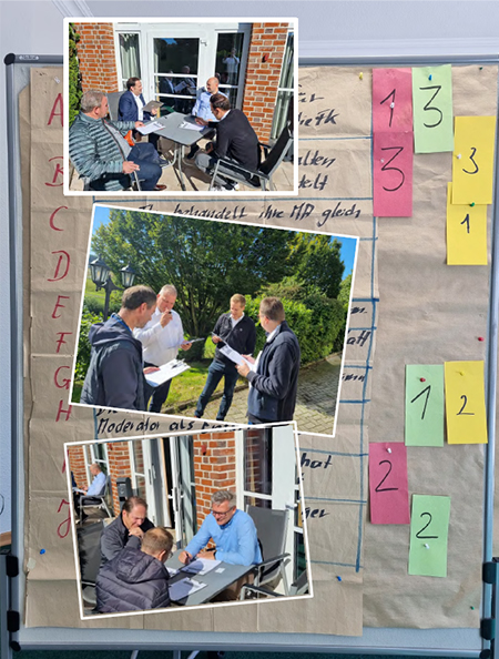 Das Bild zeigt ein Flipchart, das mit drei Bildern von verschieden Personen und bunten Zetteln bestückt ist. 