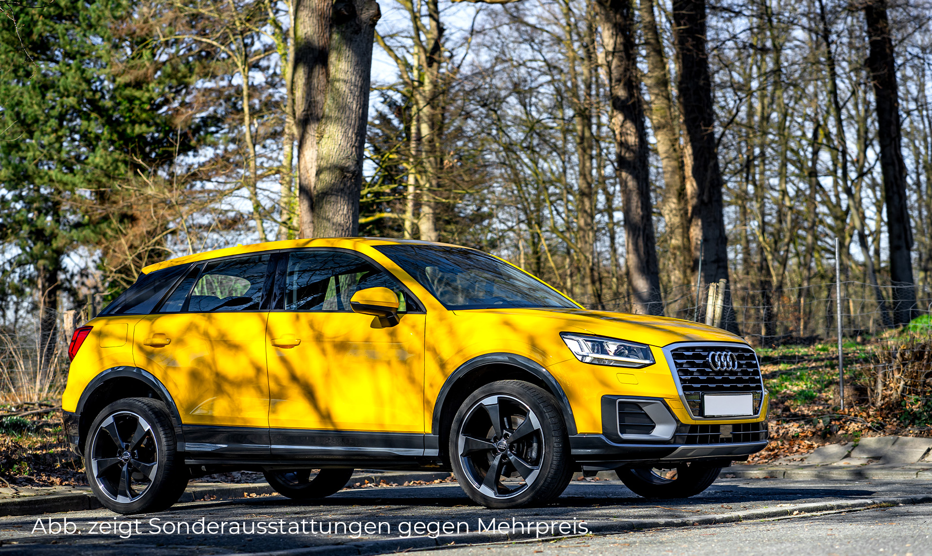Das Bild zeigt einen gelben Audi Q2 auf einer Straße im Wald. Zu sehen ist die Vorderseite und die rechte Seite vom Audi.