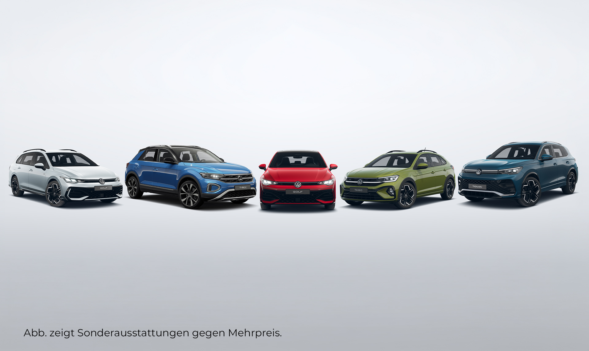 Übersicht verschiedener Volkswagen Modelle vor hellem Hintergrund, darunter Golf, Golf Variant, T-Roc, Taigo und Tiguan.