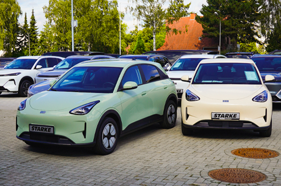 Zwei Geely E2 in hellgrüner und cremefarbener Lackierung auf einem Fahrzeugplatz mit weiteren Geely Modellen im Hintergrund.