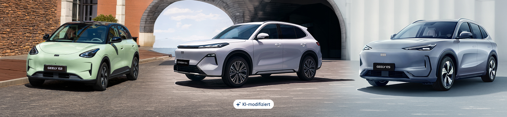 Geely E2, Geely Starray EM-i und Geely E5 in einer gemeinsamen Fahrzeugdarstellung vor urbaner Architektur und modernem Gebäudehintergrund.