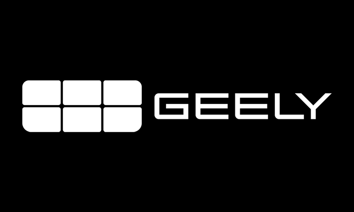 Weißes Geely Logo auf schwarzem Hintergrund.
